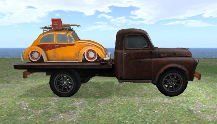 OLD TRUCK CARRING OLD BEATTLE ( RUSTY )