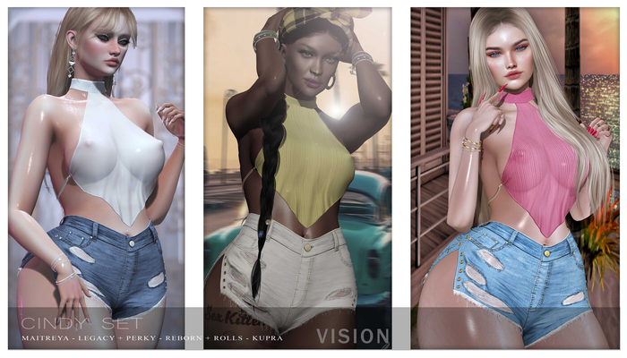 {ViSion} // Cindy Top - FATPACK - Maitreya LaraX + PetiteX - Legacy + Perky + Bombshell - Kupra - Reborn + Waifu + Rolls