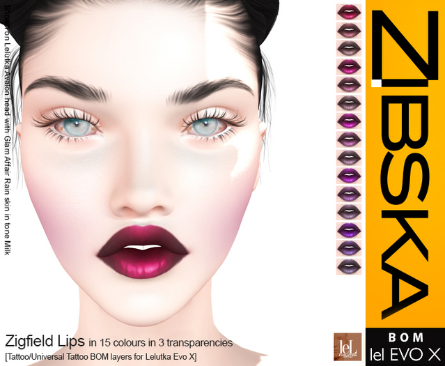 Zibska Evo X ~ Zigfield Lips in 15 colours in 3 transparencies with tattoo and universal tattoo BOM layers