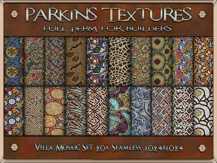Parkins Textures - Villa Mosaic Set - 20x Full Perm 1024 Seamless - Stone, Tile, Floor, Courtyard, Garden, Outdoor, Pool