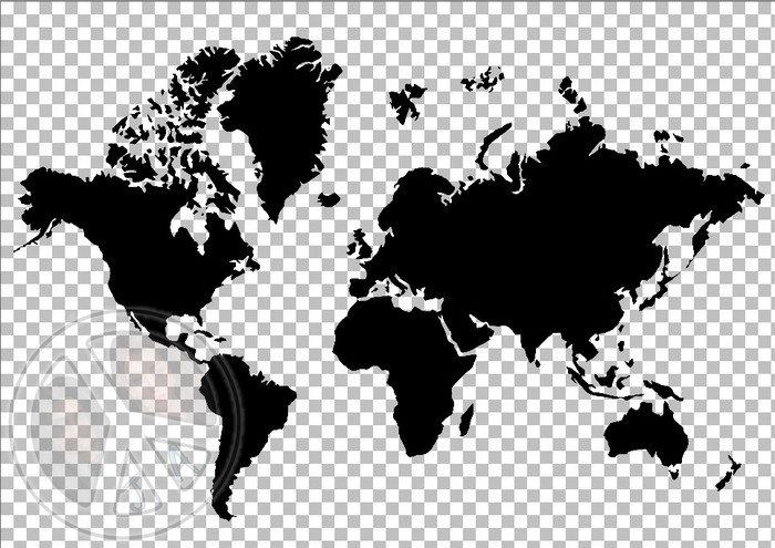910 - Black Silhouette World Map on Transparent Backround - Home - Land - Wall Decoration