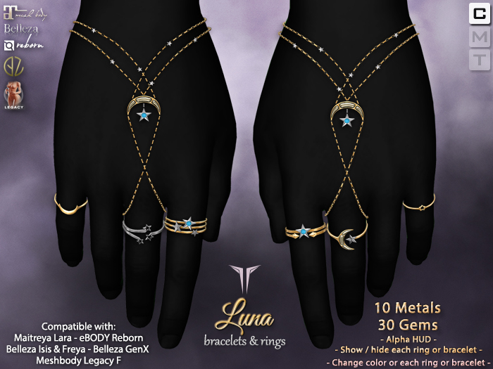 **RE** Luna Bracelets & Rings - Maitreya, Belleza, Meshbody, GenX, eBODY
