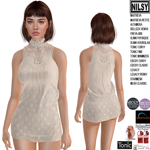 HIGH NECK  LACE TOP DRESS,MESH BODY