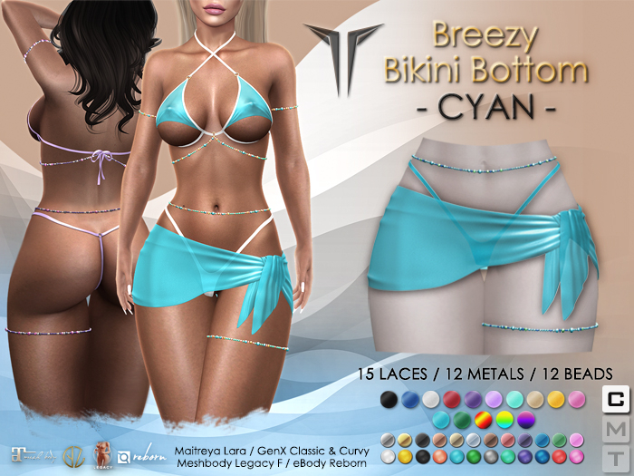 **RE** Breezy Bikini Bottom & Sarong - CYAN - Maitreya, Meshbody, GenX, eBODY