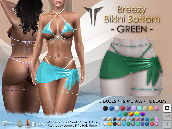 **RE** Breezy Bikini Bottom & Sarong - GREEN - Maitreya, Meshbody, GenX, eBODY