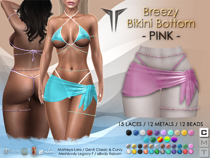 **RE** Breezy Bikini Bottom & Sarong - PINK - Maitreya, Meshbody, GenX, eBODY