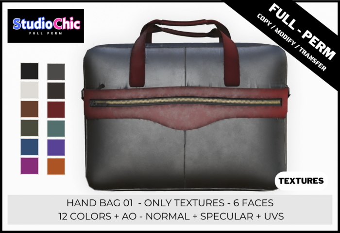 HAND BAG 01  ONLY TEXTURES -  FULL PERM - 12 COLORS, AO, NORMAL, SPECULAR, UVS