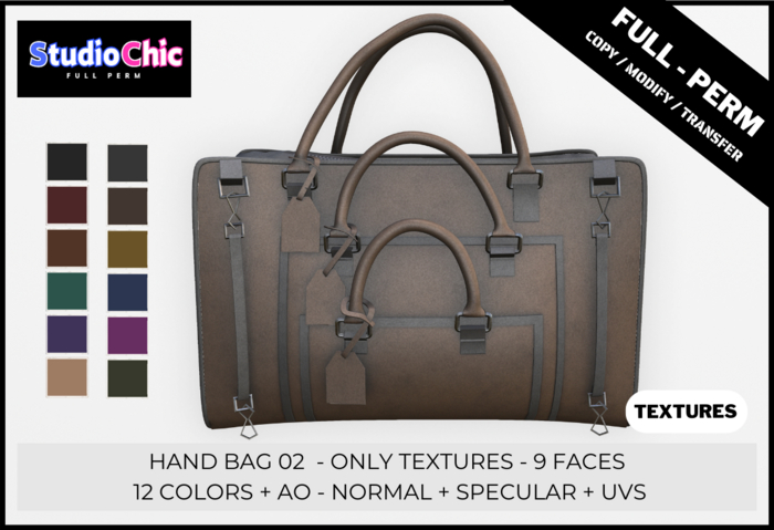 HAND BAG 02  ONLY TEXTURES - FULL PERM - 12 COLORS, AO, NORMAL, SPECULAR, UVS