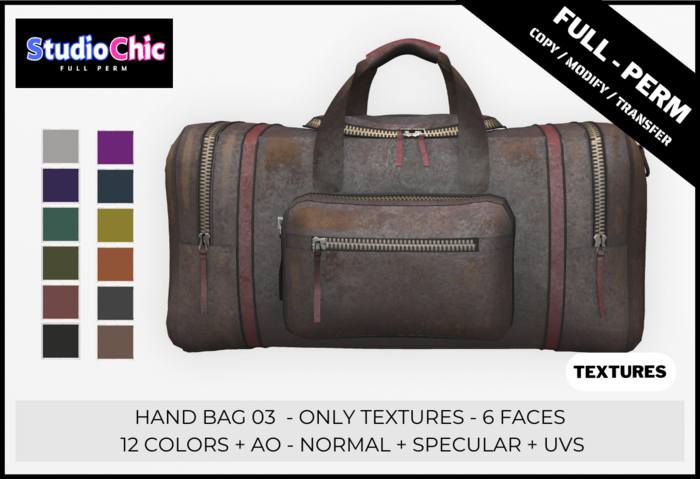 HAND BAG 03 ONLY TEXTURES - FULL PERM - 12 COLORS, AO, NORMAL, SPECULAR, UVS