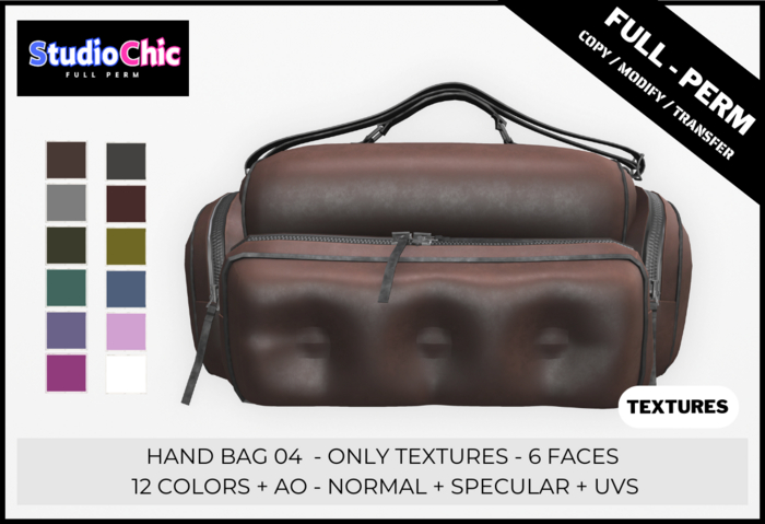 HAND BAG 04 ONLY TEXTURES - FULL PERM - 12 COLORS, AO, NORMAL, SPECULAR, UVS