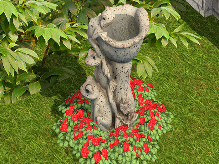 Stone Frog Bird Bath with Red Roses