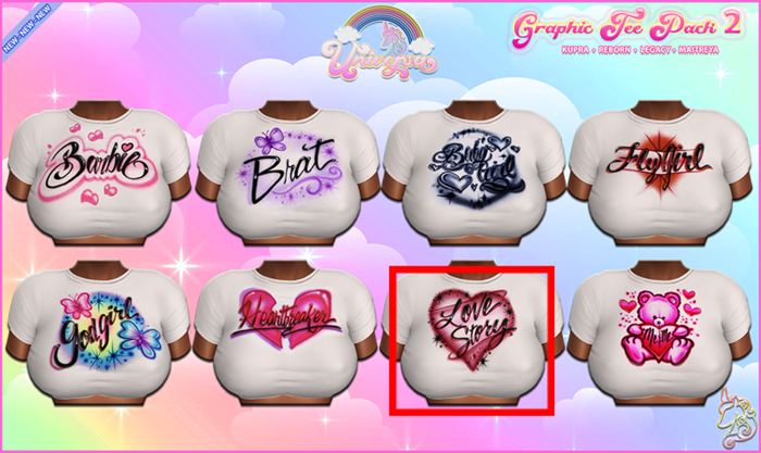 #UNIVERSA - Graphic Tee Pack V2  - LoveStory - Kupra - Legacy - Reborn - Lara - Peach - Waifu - Mounds - Bombshell 
