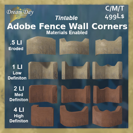 3 Adobe Fence Wall Corners, different LODs (ADD)