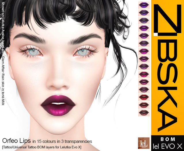 Zibska Evo X ~ Orfeo Lips 15 colours in 3 transparencies with tattoo and universal tattoo BOM layers
