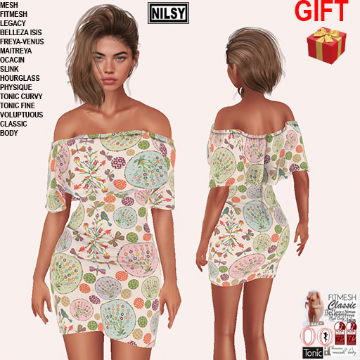 GIFT,OFFSHOULDER PRINTED DRESS,CLASSIC&MESH BODY
