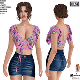 FLORAL RUFFLED TOP&JEAN SKIRT,MESH BODY
