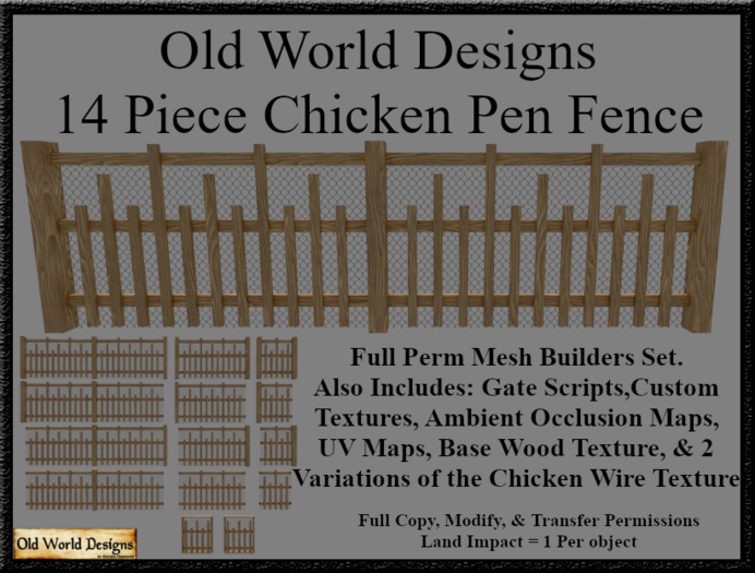 Old World Designs Chicken Fence Set Full Perm Wooden Fence with Poultry Wire and Gates