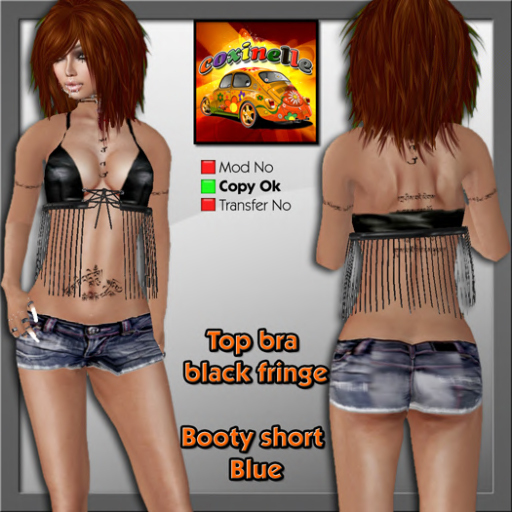 Coxi - booty short blue and top bra black fringe