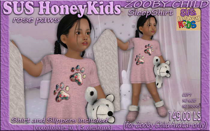 SUS HoneyKids - ZOOBY CHILD - SleepShirt rose paws  (Box)