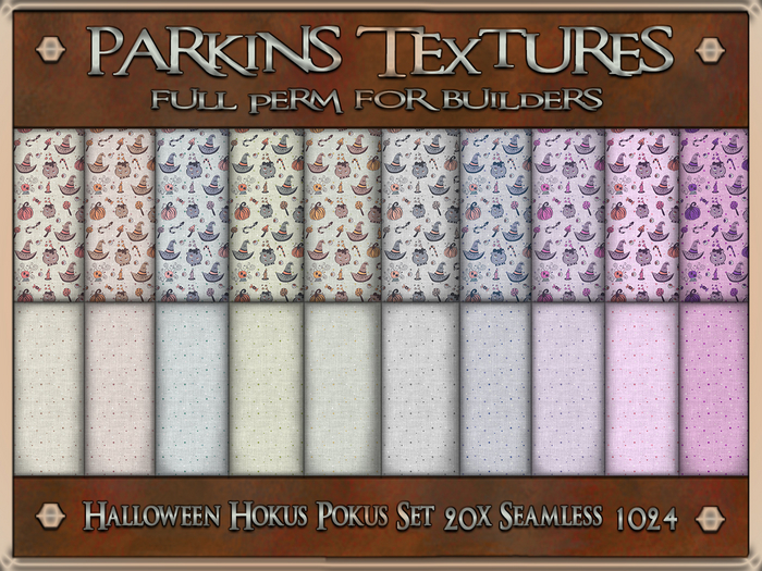 Parkins Textures - Hokus Pokus Set - 20x Full Perm Seamless 1024 - Fabric, Pumpkin, Witch, Candle, Candy, Cauldron, Star