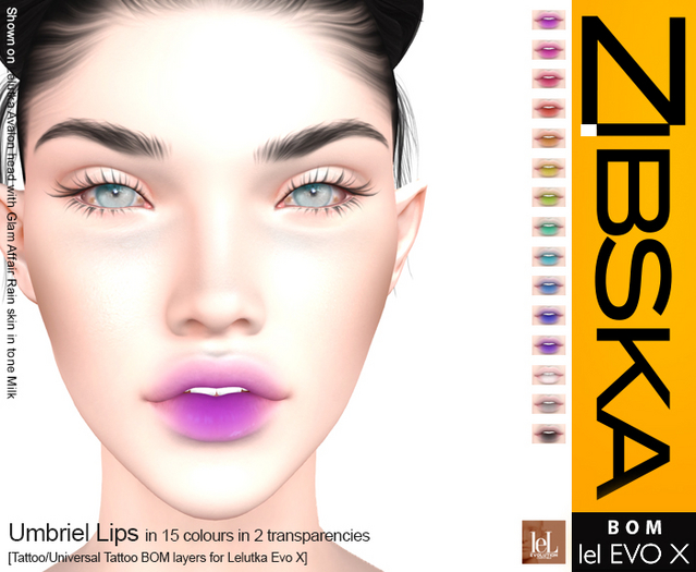 Zibska Evo X ~ Umbriel Lips in 15 colours in 2 transparencies with tattoo and universal tattoo BOM layers