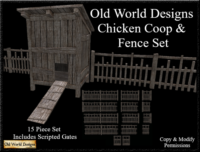 Old World Designs Chicken Coop and Wood Picket Fence with Chicken wire set
