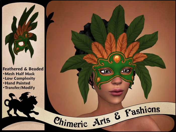 Feathered & Beaded Half Mask - Green