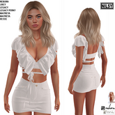 WHITE RUFFLED TOP&SKIRT,MESH BODY