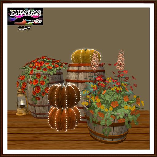 Autumn - Barrels with Mixed Flowers  and Pumpkins