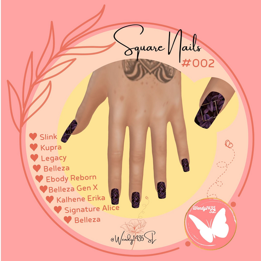 Wendy1435SL | Square Nails #002 | Purple Leaves Gold Square
