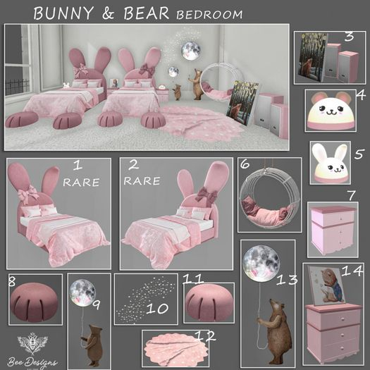02 Bee Designs Bunny & Bear Bedroom RARE