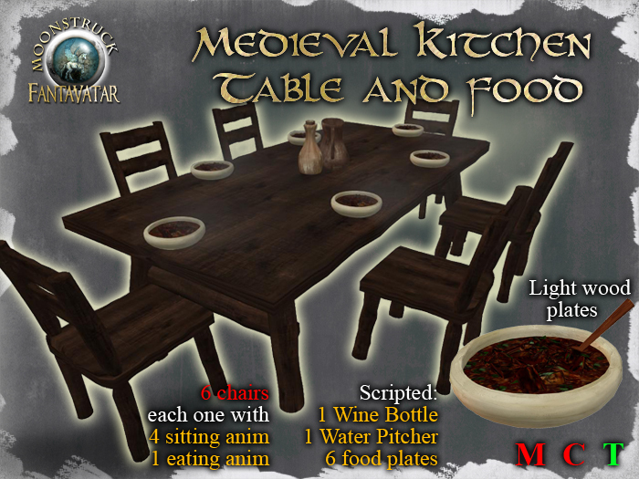 !! MOONSTRUCK !! Medieval Kitchen Table & Food - White plates - F&M FRP