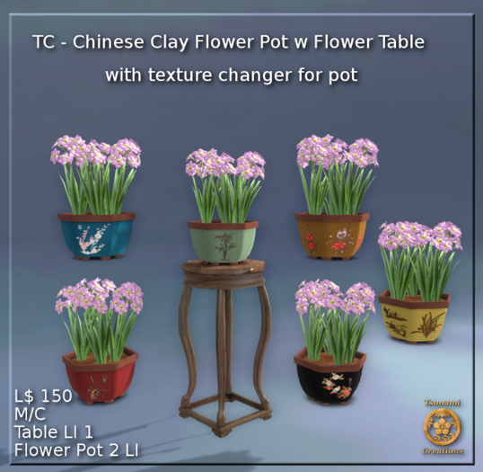 TC - Chinese Clay Flower Pot w Flower Table