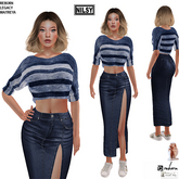 SIDE SLIT JEAN SKIRT&BATWING TOP,MESH BODY