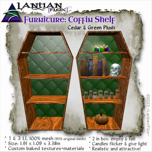 ~L/Fx~Coffin Bookshelf - Green/Cedar (2) (polished cedarwood and green plus shelf!)