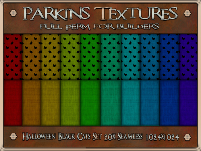 Parkins Textures - Halloween Black Cats Set - 20x Full Perm Seamless 1024 - Fabric, Witch, Green, Orange, Red, Blue