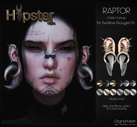 [Hipster Style] Raptor FEMALE Earrings for Swallow Gauged XL - MARBLE PACK