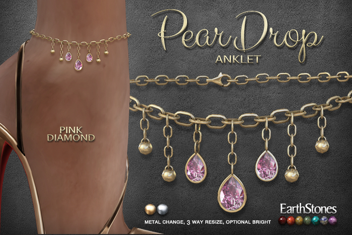 EarthStones Pear Drop Anklet ~ Pink Diamond