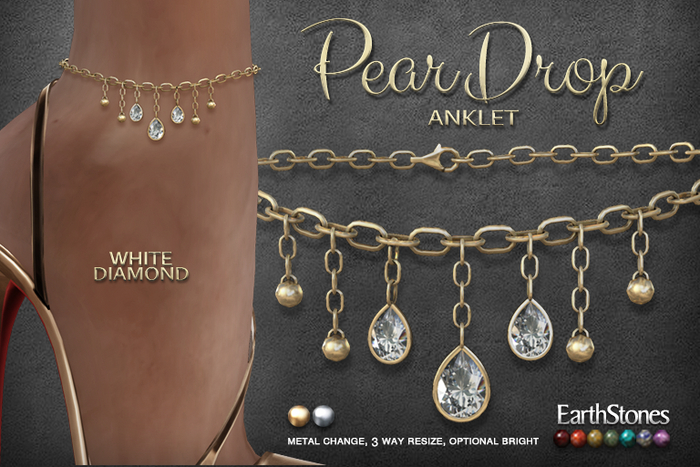 EarthStones Pear Drop Anklet ~ White Diamond