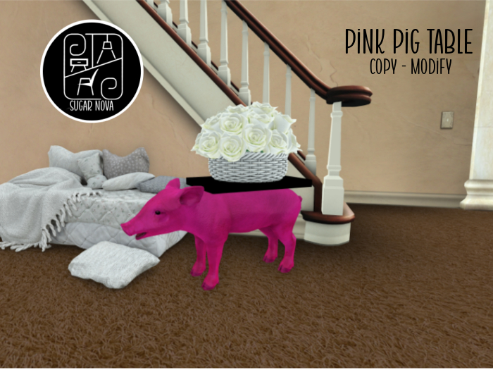 SN - Pink Pig Table with Roses in Basket - Cute Decor