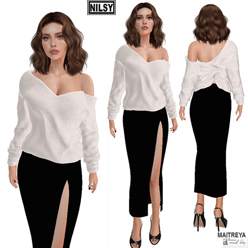 KNOT BACK SWEATER AND SLIT SKIRT,MAITREYA