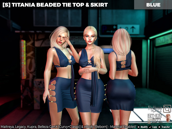 [S] Titania Beaded Tie Top & Skirt Blue