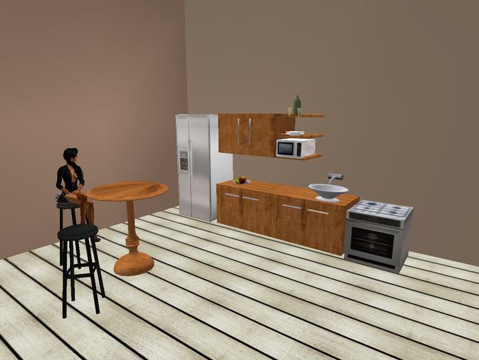 Complete low prim kitchen with animated sink, table, barstools