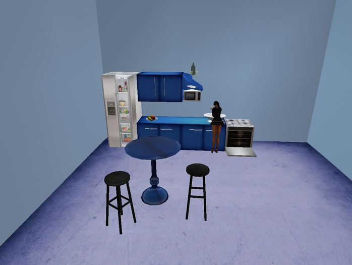 Complete low prim kitchen with animated sink, table, barstools