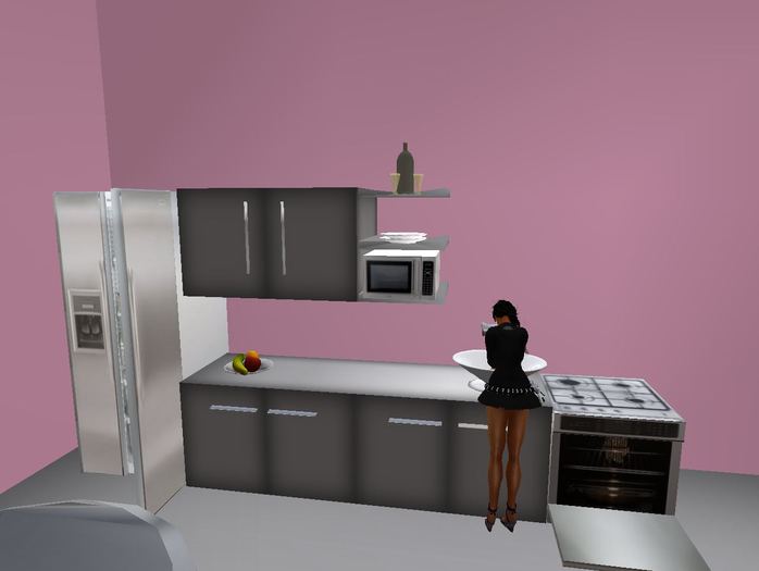 Complete low prim kitchen with animated sink, table, barstools