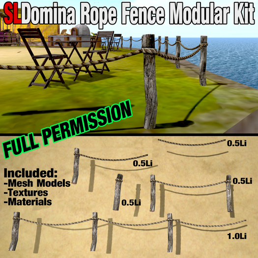 [FP] SLDomina Modular Kit Wood and Rope Fence Full Permission - Included Textures, Materials and Mesh Model for builders