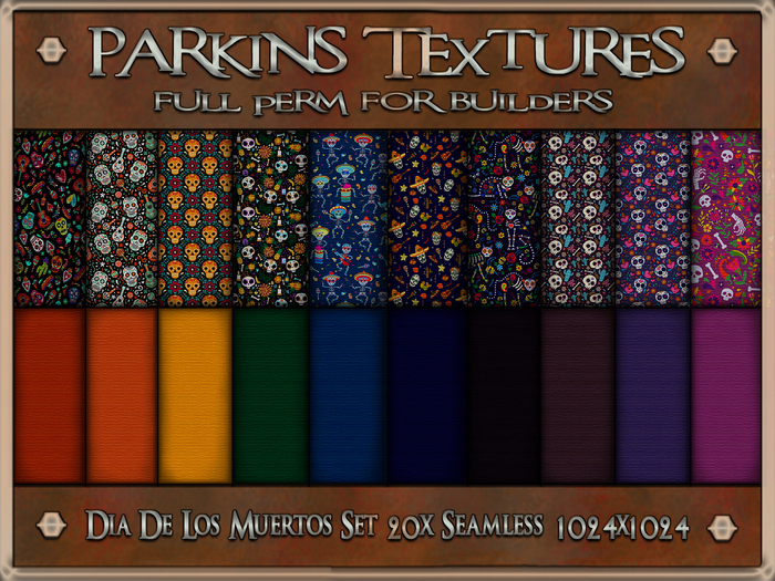 Parkins Textures - Dia-De-Los-Muertos Set - 20x Full Perm Seamless 1024 - Day of the Dead, Fabric, Clothes, Cloth, Black