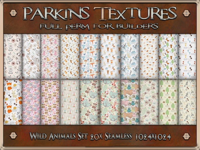 Parkins Textures - Wild Animals Set - 20x Full Perm Seamless 1024 - Fabric, Cloth, Kid, Child, Nursery, Bear, Clothing