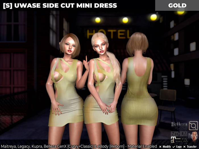 [S] Uwase Side Cut Mini Dress Gold