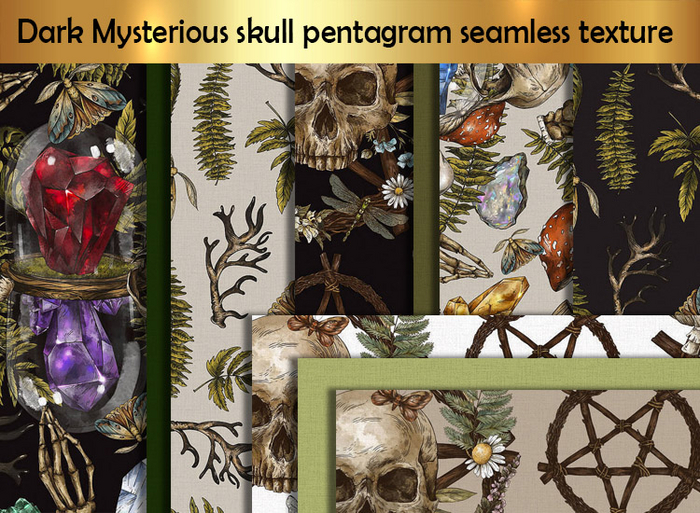 Dark Mysterious skull pentagram seamless texture